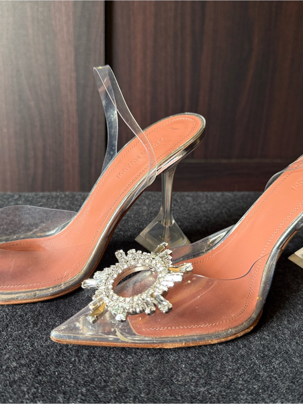 Amina Muaddi Clear Slingback Pumps with Crystal Sunburst - Tan Insole - Picture 6 of 7
